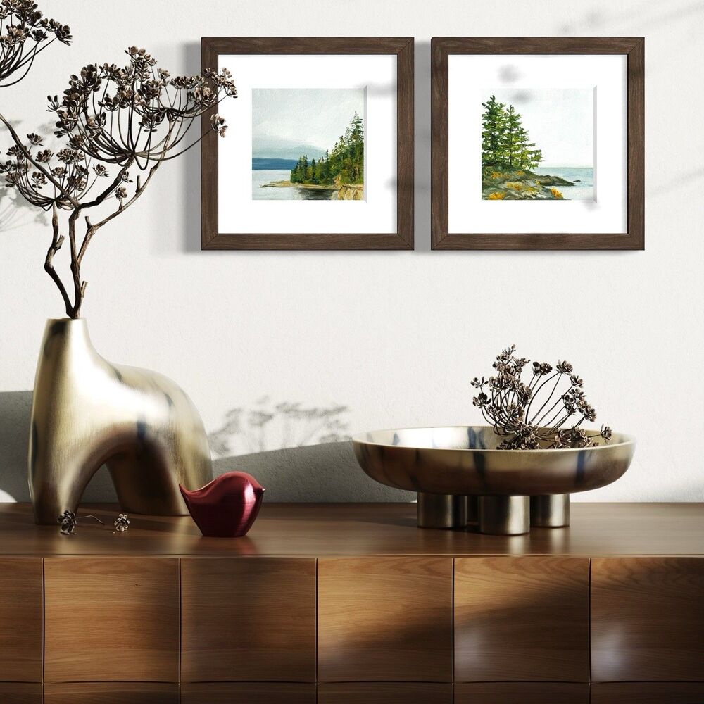 8x8 PNW Original Oil Painting Seascape Pacific Ocean Coastal Pine Trees Signed - Picture 8 of 10